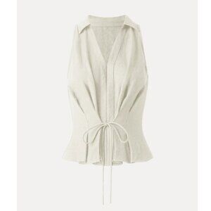 NWT OGL Collared V-neck Pleated Sleeveless Top with Drawstring, Cream | Size Med